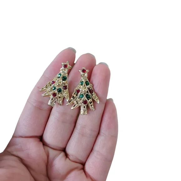 VTG Goldtone Screwback Rhinestone Chrismas Tree Earrings - Picture 2 of 3